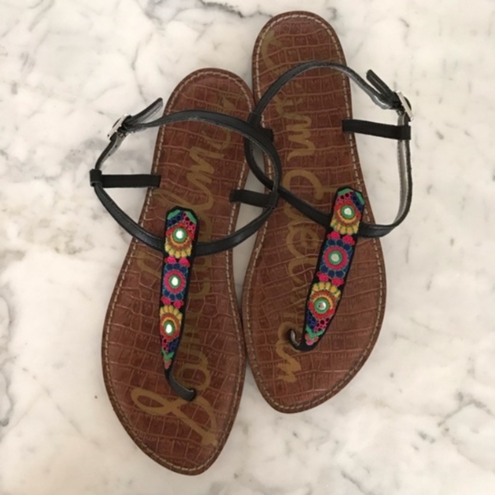 SAM EDELMAN Gigi Thong Bombay Black and Colorful Embroidered T-Strap Sandals